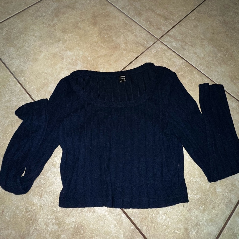 SHEIN EZwear Scoop Neck Ribbed Knit Crop Tee Navy Blue / size medium